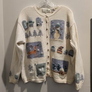 Vintage Winter Wonderland Cardigan with Snowman, Reindeer, And Bell Buttons